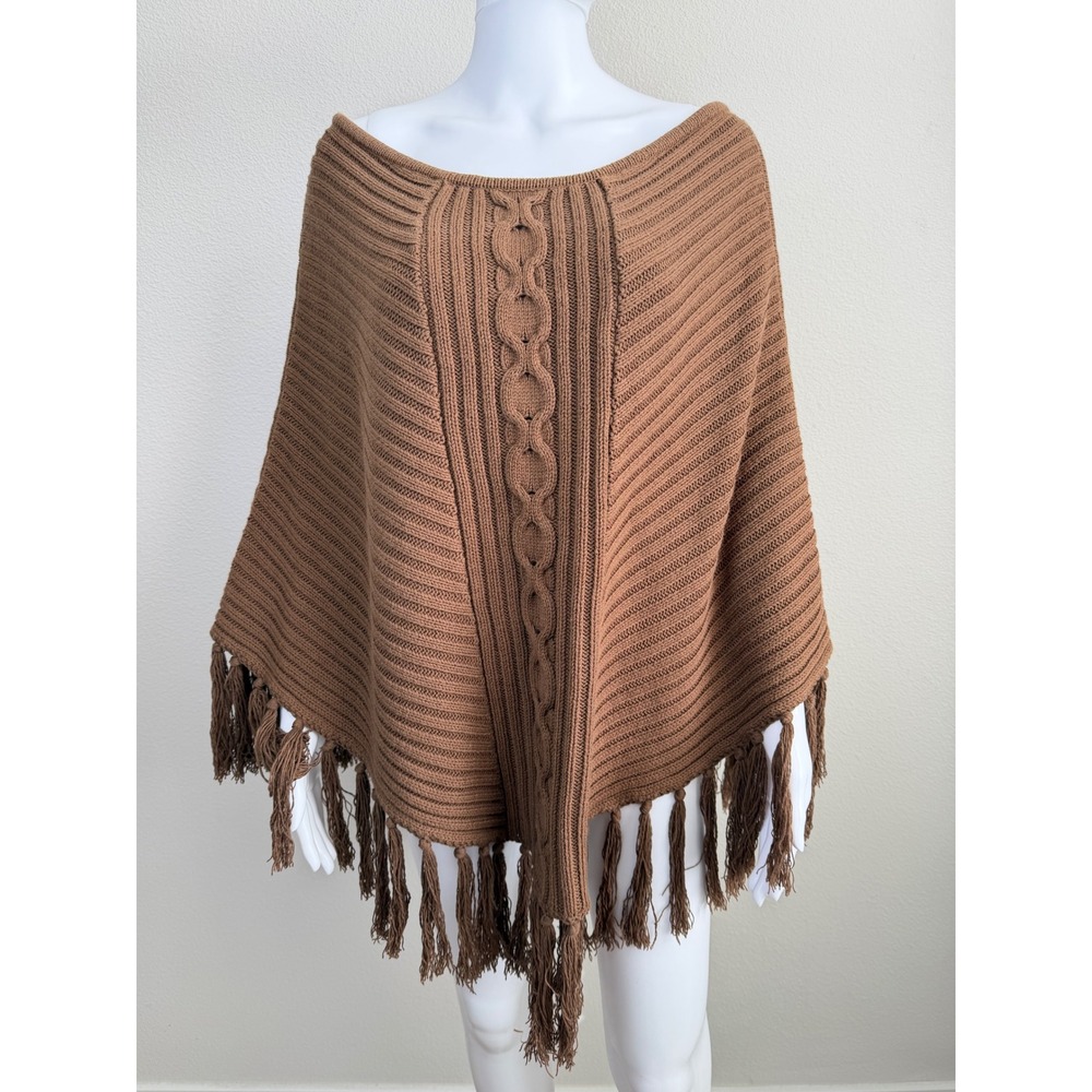 Calvin Klein Jeans Women Brown Knit Poncho XL Cable Fringe Boho Coastal Rustic